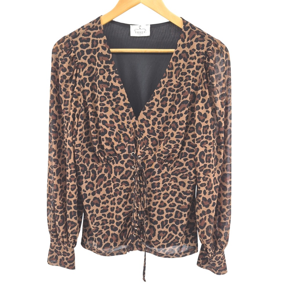 Ember Womens Leopard‎ Print Lace-Up Blouse Size L Long Sleeve Smocked V-Neck Top